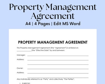 May include: A black and white printable property management agreement template. The document is titled "Property Management Agreement" and includes sections for the manager, owner, and address information. The text also states "This Property Management Agreement [the "Agreement"] is entered on [the "Effective Date"] by and between:"