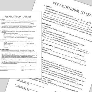 Pu&ograve; includere: Due fogli di carta bianchi con il titolo "PET ADDENDUM TO LEASE" stampato in nero. Il documento delinea i termini per la propriet&agrave; di animali domestici in un contratto di locazione, comprese le restrizioni sugli animali domestici, i dettagli del deposito e le responsabilit&agrave; dell'inquilino.