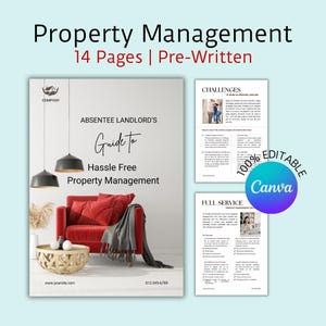 May include: A guide for absentee landlords on hassle-free property management. The guide is 14 pages long and pre-written. The cover features a red armchair with a throw blanket, a wooden coffee table, and two hanging lamps. The text "Guide to Hassle Free Property Management" is in a white box with a black outline. The text "Absentee Landlord's" is above the white box. The text "100% Editable Canva" is in a purple circle with a white outline. The text "Challenges of Being an Absentee Landlord" is in a white box with a black outline. The text "Full Service Property Management" is in a white box with a black outline.