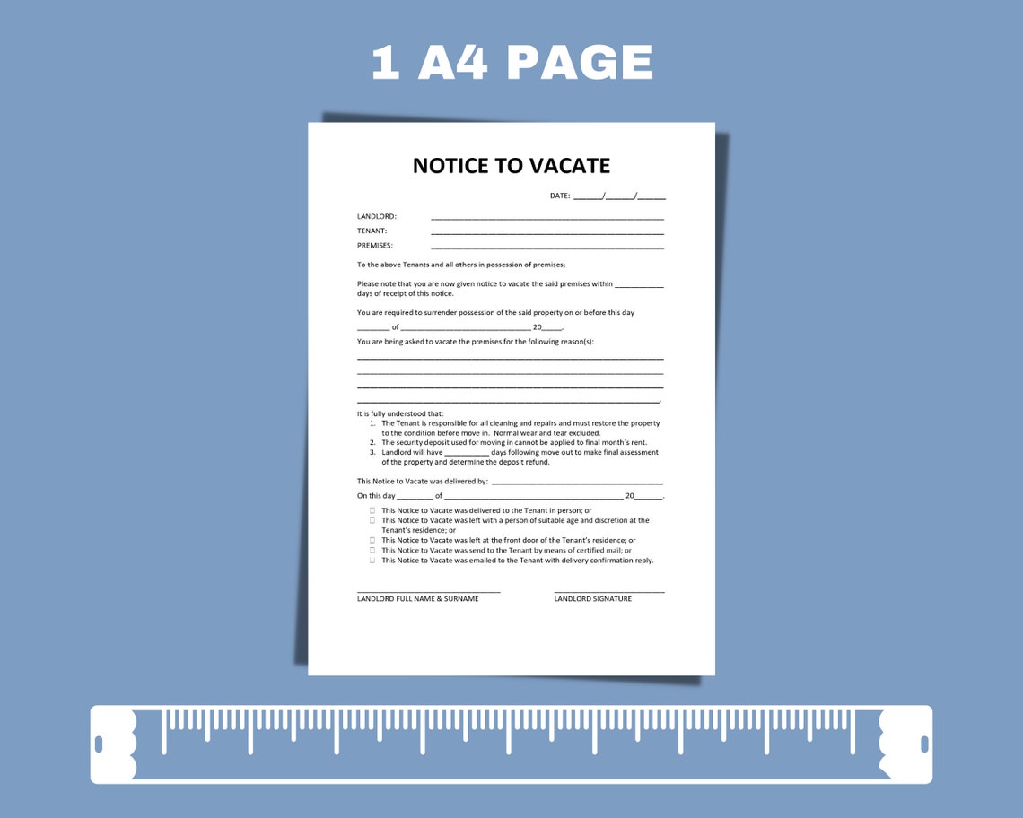 Landlord Notice to Vacate to Tenant Eviction Notice Editable MS Word Template Printable Instant ...