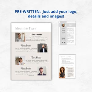 May include: A brochure with a beige background and a white border. The brochure features a team of four real estate agents with their names and descriptions. The brochure also includes a section titled "Why Choose Us?" with a photo of a woman.