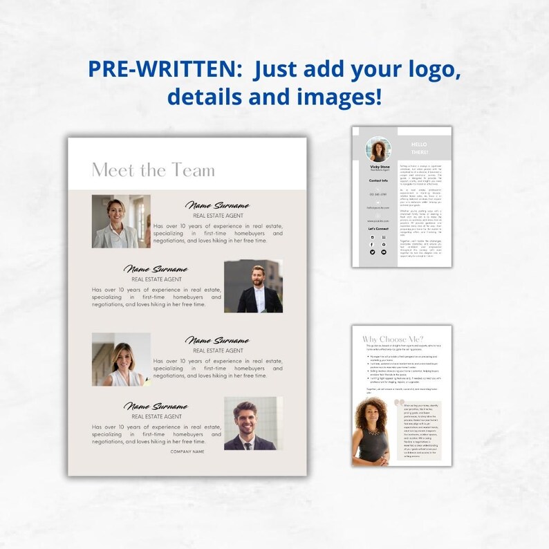 May include: A brochure with a beige background and a white border. The brochure features a team of four real estate agents with their names and descriptions. The brochure also includes a section titled "Why Choose Us?" with a photo of a woman.