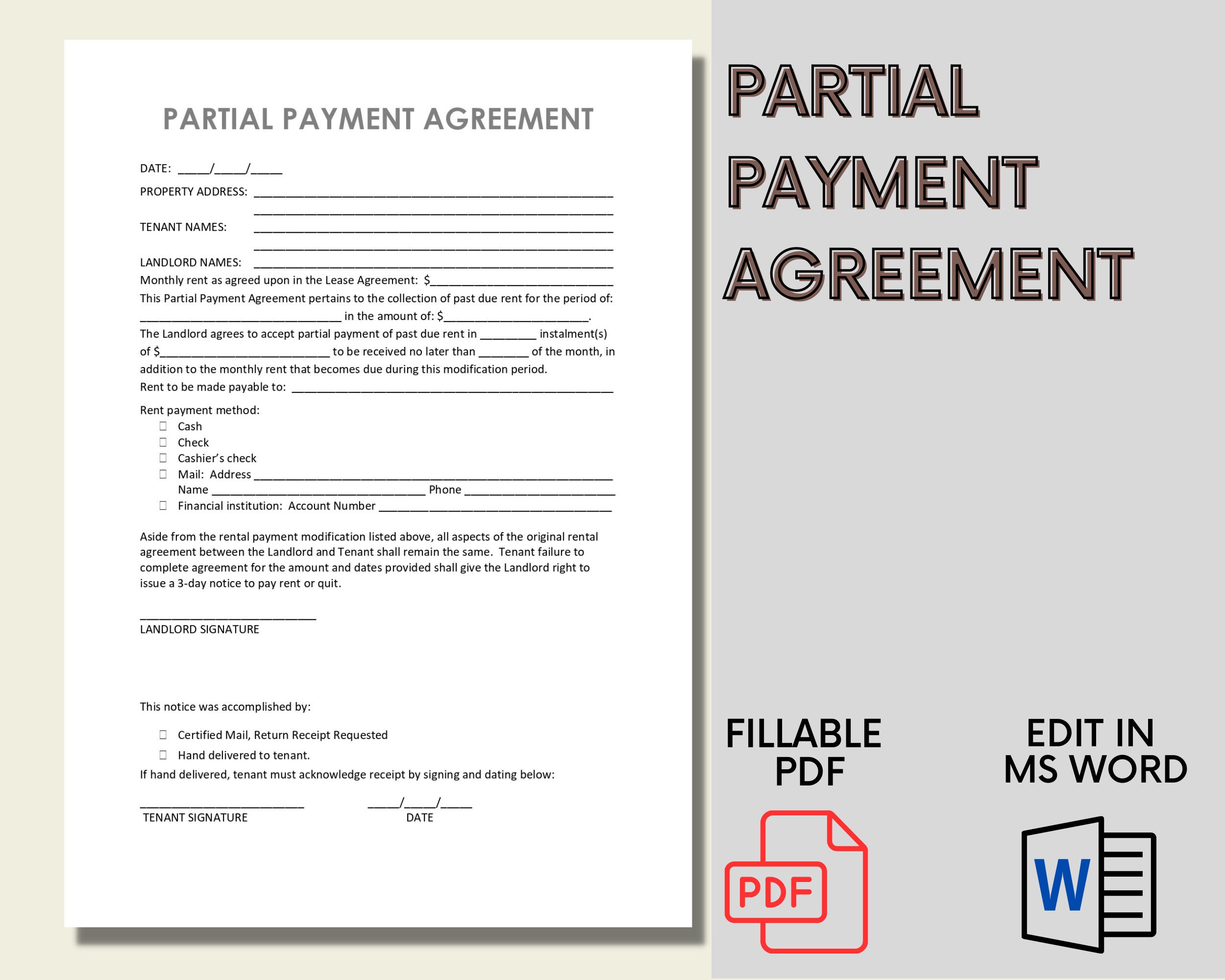 Partial Rent Payment Agreement Landlord & Tenant Rent Agreement Rent