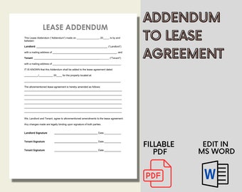 Real Estate Lease Addendum | Addendum to Lease Agreement | Residential Lease Addendum Form | Rental Addendum | Edit MS Word | Fillable PDF
