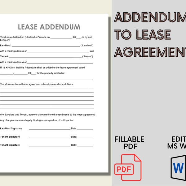 Real Estate Lease Addendum | Addendum to Lease Agreement | Residential Lease Addendum Form | Rental Addendum | Edit MS Word | Fillable PDF