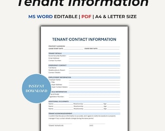Tenant Contact Information Sheet | Landlord Document | Editable MS Word & PDF Form