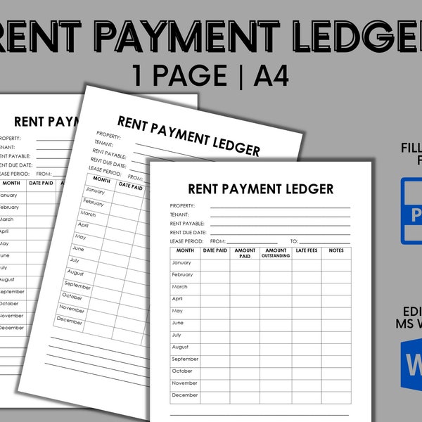 Rental Payment Ledger | Editable MS Word | Fillable PDF | Rental Payment Tracker | Landlord Rental Income Ledger | Realtor Printable Ledger