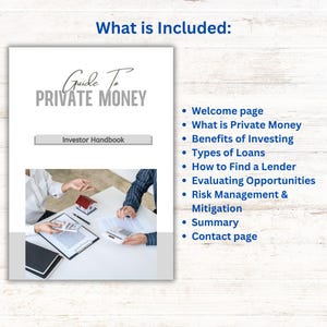 May include: A guide to private money investing with a cover image of two people discussing a real estate deal. The guide includes information on finding a lender, evaluating opportunities, and risk management.