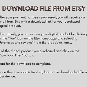 Pu&ograve; includere: Una grafica grigio chiaro con istruzioni su come scaricare un file da Etsy. Il testo "DOWNLOAD FILE FROM ETSY" &egrave; in alto. Le istruzioni includono l'accesso al file tramite e-mail o la sezione "Acquisti e recensioni".