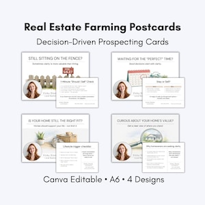 Op de afbeelding: Vier real estate farming ansichtkaarten met beslissingsgerichte prospectiekaartontwerpen. Elke kaart toont een foto van een vrouw en tekst. De kaarten behandelen onderwerpen als woningwaarde en verkoopbeslissingen. De tekst bevat "Canva Editable" en "A6".