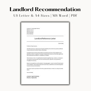 May include: A white document titled "Landlord Recommendation" with the text "US Letter & A4 Sizes | MS Word | PDF." The document includes fields for contact information and a reference letter template. The document is on a white background.