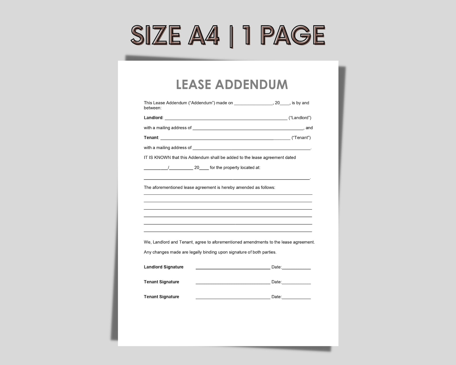 Real Estate Lease Addendum Addendum to Lease Agreement Etsy