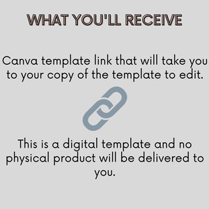 Puede incluir: Texto que dice "WHAT YOU'LL RECEIVE" seguido de "Canva template link that will take you to your copy of the template to edit." Un icono de cadena de enlace gris se muestra debajo del texto. El texto contin&uacute;a con "This is a digital template and no physical product will be delivered to you."