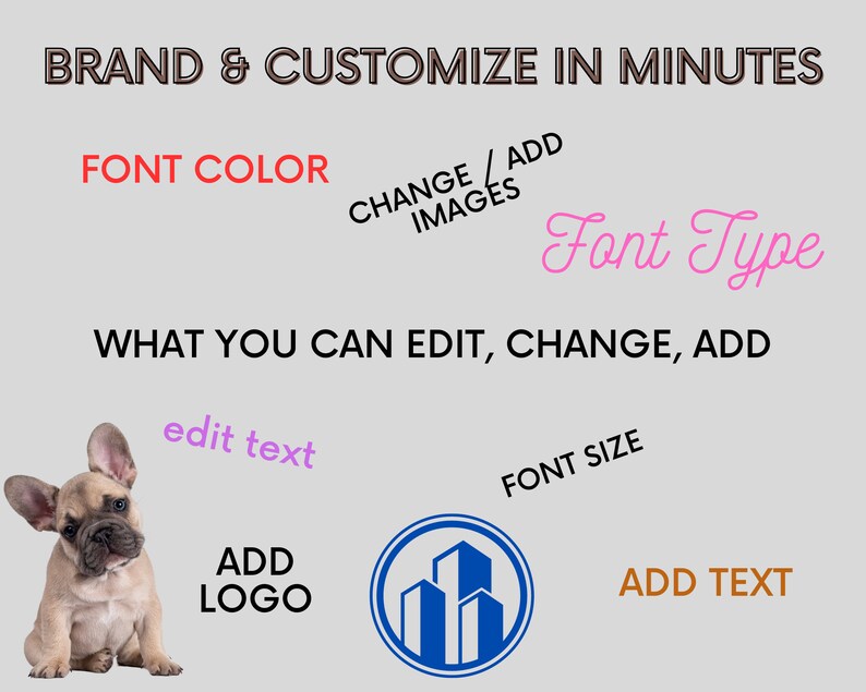 Puede incluir: Un gr&aacute;fico que muestra las diferentes formas de personalizar un logotipo. El gr&aacute;fico incluye un perro, un logotipo de edificio y texto que dice "BRAND & CUSTOMIZE IN MINUTES", "FONT COLOR", "CHANGE/ADD IMAGES", "Font Type", "WHAT YOU CAN EDIT, CHANGE, ADD", "edit text", "ADD LOGO", "FONT SIZE" y "ADD TEXT".