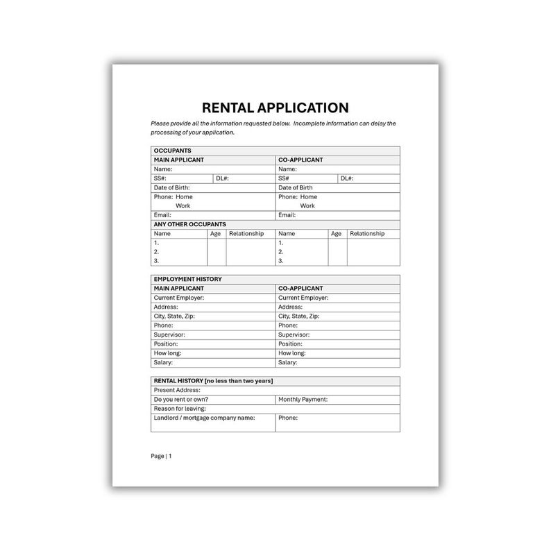 Rental Application Form Template: Tenant Screening Document, Property ...