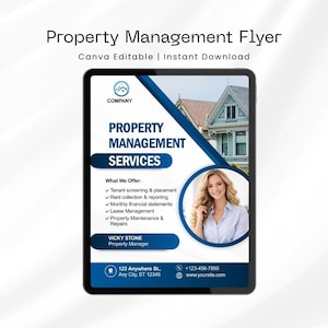 May include: A digital flyer for property management services displayed on a tablet. The flyer features a blue and white design with text including "Property Management Services" and a list of services offered. A photo of a woman is included.