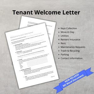 Real Estate Tenant Welcome Letter | Edit In Word | Welcome Letter | Landlord Information To Tenant | Fillable PDF File | Print or Email