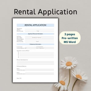 May include: A white rental application form with blue accents, featuring fields for salon and applicant information. Text on the right reads "3 pages Pre-written MS Word". Daisies are in the bottom right corner.