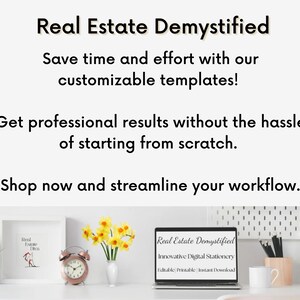 May include: A white laptop computer with the text "Real Estate Demystified" on the screen. The laptop is on a white table with a white alarm clock, a vase of yellow daffodils, and a framed print of a woman in a red dress.