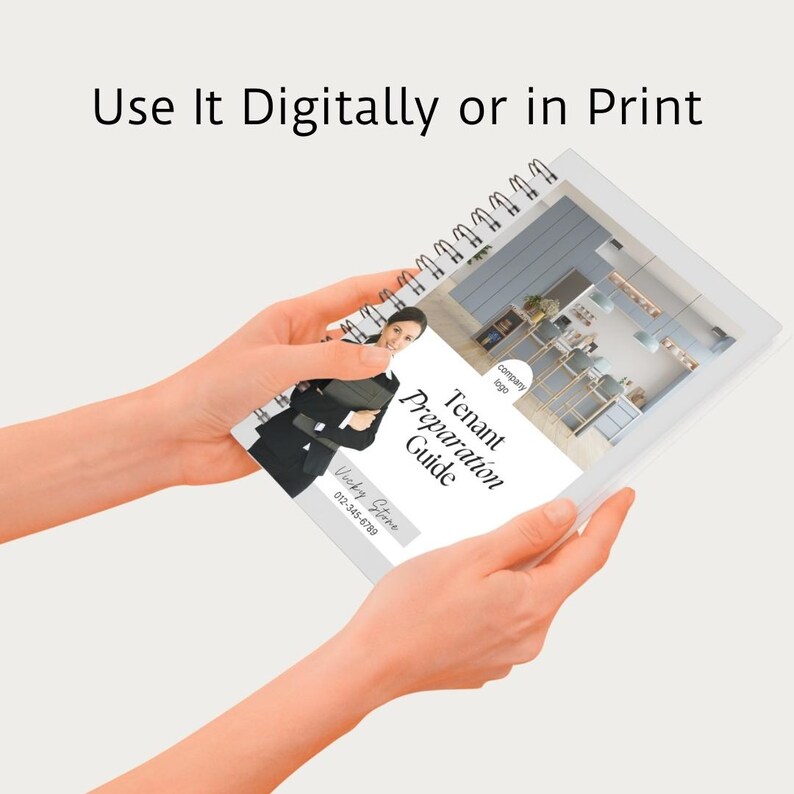 Puede incluir: Un folleto blanco en espiral con una foto de una cocina en la portada. El texto de la portada dice "Gu&iacute;a de preparaci&oacute;n para inquilinos" e incluye un logotipo de la empresa y la informaci&oacute;n de contacto.