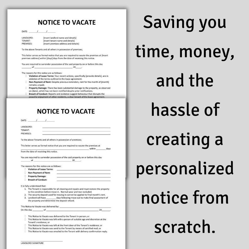 Landlord Notice to Vacate to Tenant Eviction Notice Editable MS Word Template Printable Instant