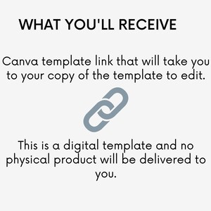 May include: A digital Canva template link is shown with a gray chain link icon. The text reads "WHAT YOU'LL RECEIVE Canva template link that will take you to your copy of the template to edit. This is a digital template and no physical product will be delivered to you."