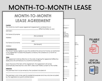 Month-to-month Rental Agreement | Monthly Lease Agreement | Rent Room | Editable MS Word Template | Instant Download | Month to Month