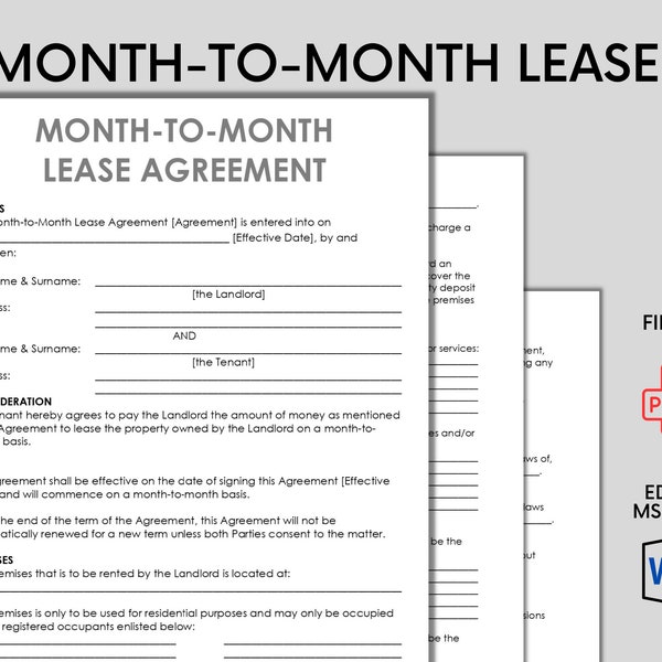 Month-to-month Rental Agreement | Monthly Lease Agreement | Rent Room | Editable MS Word Template | Instant Download | Month to Month