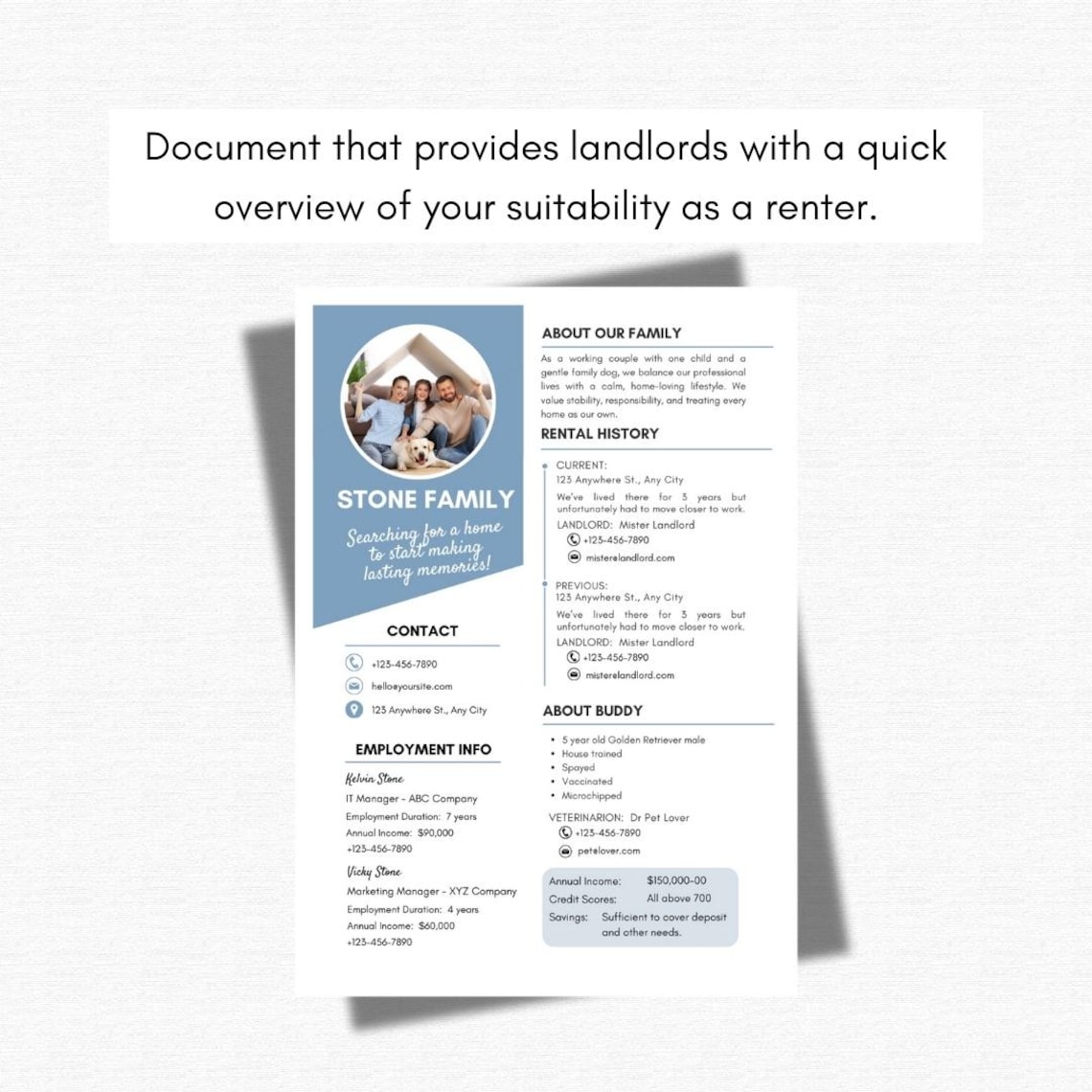 Rental Resume Template - 1 Page Canva Editable Tenant Application CV - Etsy