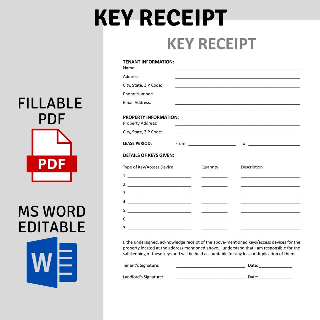 Landlord Key Receipt to Tenant Tenant Key Receipt Landlord Pack Editable MS Word Template