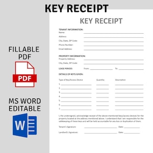 Landlord Key Receipt to Tenant | Tenant Key Receipt | Landlord Pack | Editable MS Word Template | Printable Instant Download | Fillable PDF