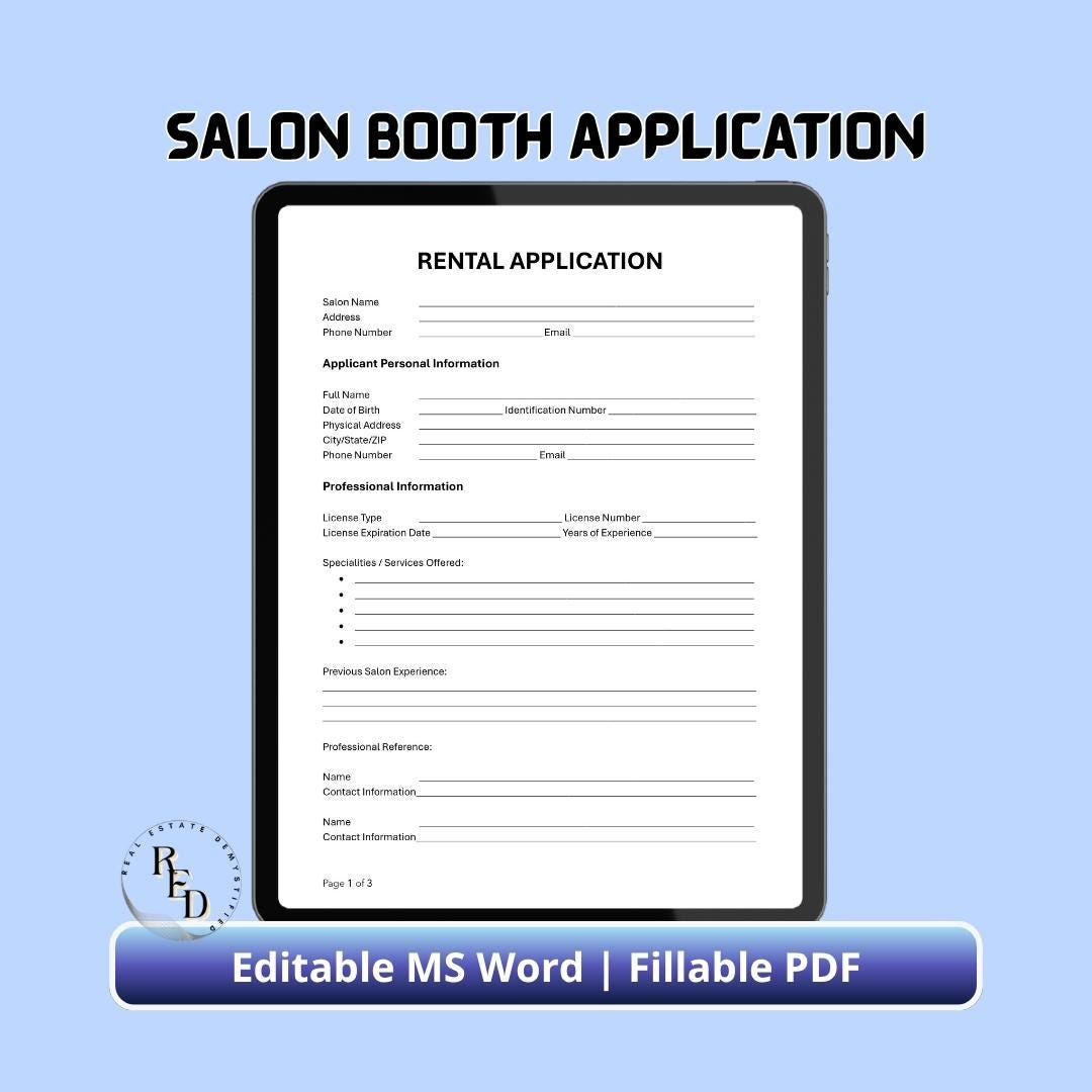 Salon Booth Rental Application Template — Editable Barber Stylist Form ...