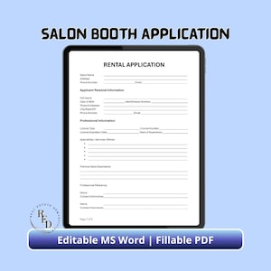 May include: A digital tablet displaying a Salon Booth Application rental form. The document includes sections for salon name, applicant personal information, professional information, license details, services offered, experience, and professional references.