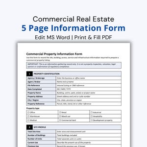 May include: A five-page commercial real estate information form document with black text on a white background. The header reads Commercial Real Estate 5 Page Information Form, Edit MS Word | Print & Fill PDF, followed by a property identification table.