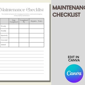 Puede incluir: Una lista de verificaci&oacute;n de mantenimiento imprimible para propiedades de alquiler. La lista de verificaci&oacute;n incluye secciones para tareas semanales, mensuales, trimestrales, estacionales y anuales. La lista de verificaci&oacute;n tambi&eacute;n incluye columnas para la fecha de finalizaci&oacute;n, qui&eacute;n complet&oacute; la tarea y cualquier reparaci&oacute;n o nota.