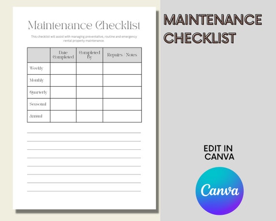 Editable Printable Rental Property Maintenance & Repair Checklist | Canva Template