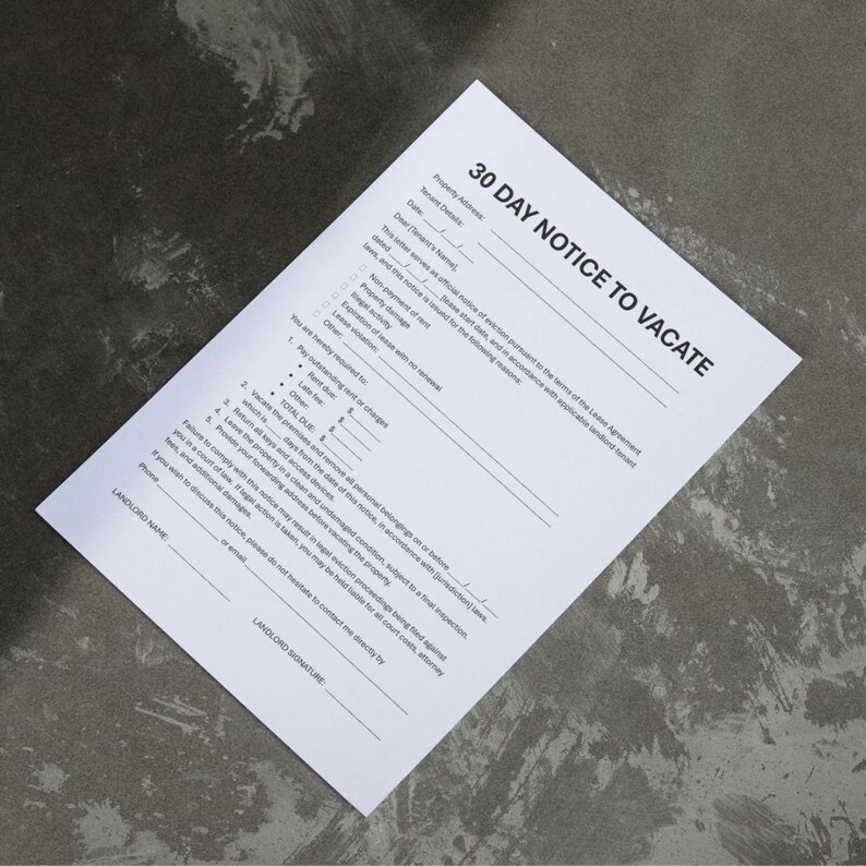 Landlord 30 Day to Vacate Notice to Tenant - Editable MS Word Eviction ...