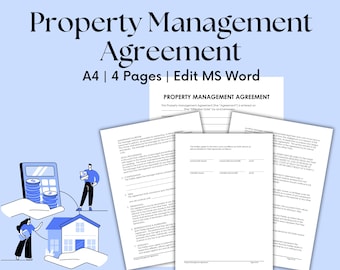 May include: A blue and white illustrated document titled "Property Management Agreement" with the text "A4 | 4 Pages | Edit MS Word". The document is a legal agreement for property management.