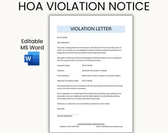 HOA Violation Notice Letter Template, MS Word Editable Homeowners Association Document
