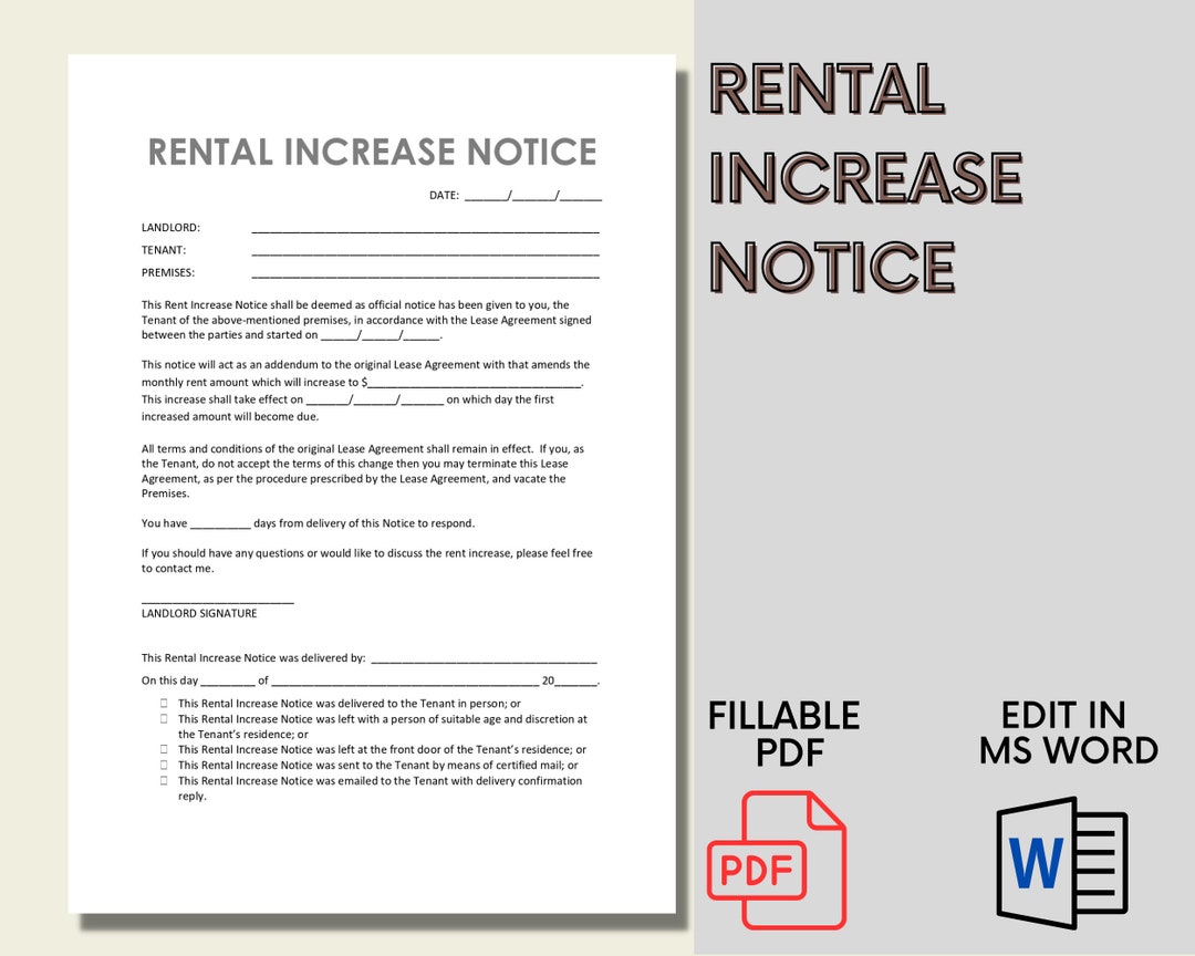 Landlord Rental Increase Notice to Tenant Rent Increase Notice Editable