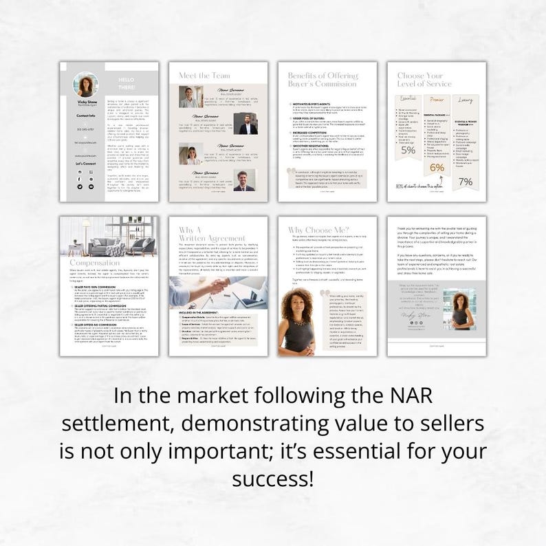 May include: A brochure with information about a real estate agent's services. The brochure includes a photo of the agent, a team of agents, and information about their commission structure. The text on the brochure includes the words "Meet the Team", "Benefits of Offering Buyer's Commission", "Choose Your Level of Service", "Why A Written Agreement", "Why Choose Me?", and "Compensation".
