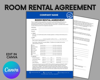 Room Rental Agreement | Lease Agreement to Share Property | Rent Room | Editable Canva Template | Printable Instant Download | Tenant Room