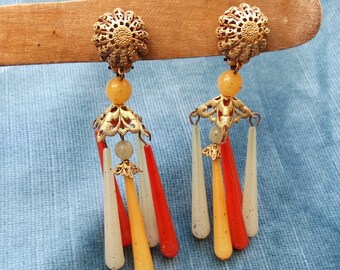 Boucles D'oreilles Anciennes Art Déco - Plaqué Or Avec Fleur En Lucite Jaune - Modèle Puces (clous)