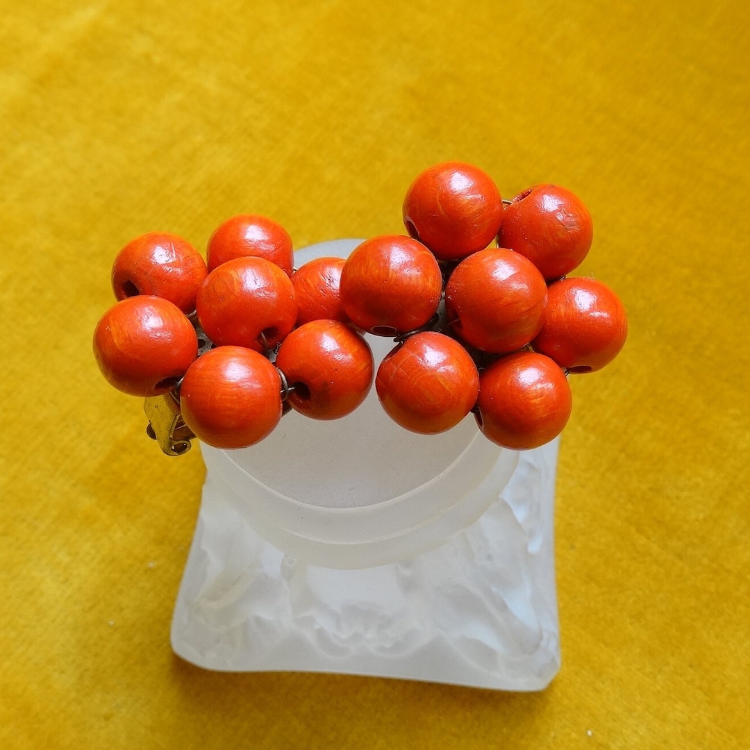 Bright Orange Cluster Clipons/vintage Wood Bead Earrings/mid Century