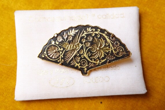 Vintage Damascene brooch/Floral bird brooch/Fan s… - image 7