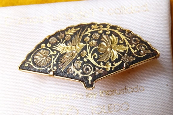 Vintage Damascene brooch/Floral bird brooch/Fan s… - image 6