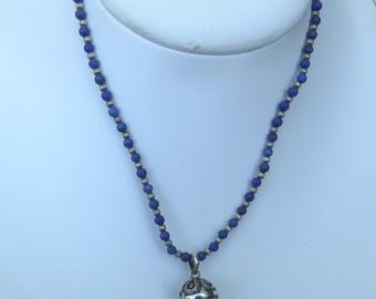 Lapis Lazuli & silver necklace/Blue stone and silver bead collar by Claude Dasque