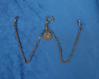 Antik dubbel klockarmband, guldfärgad Albert med fob