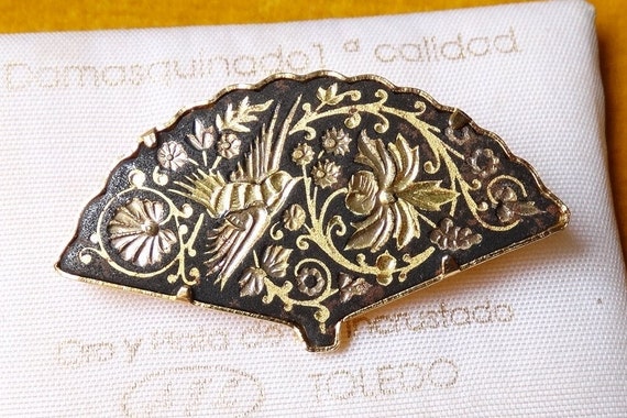 Vintage Damascene brooch/Floral bird brooch/Fan s… - image 10