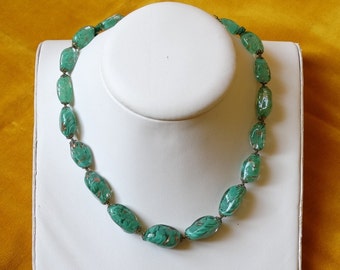 Vintage Venetian Glass Necklace, Green Aventurine Gold, 19 inches (Needs Restringing)